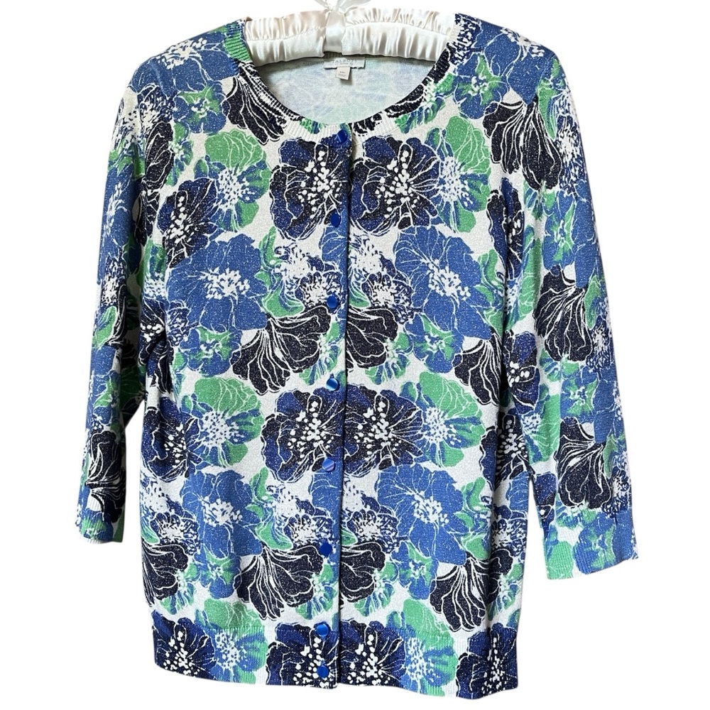 Talbots Floral Button Down Cardigan Metallic Gold Shimmer Womens Petite M